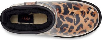 Leopard print boot with black trim.