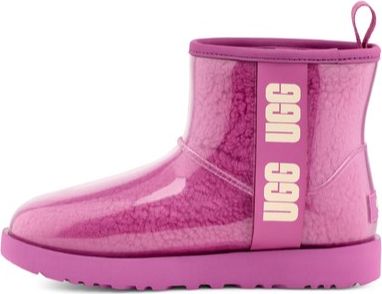 Pink boot with transparent upper, pink sole, and UGG logo on a pink band.