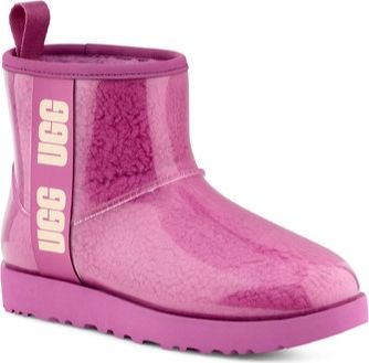 Bright pink short boot with see-through vinyl exterior, matching sole, and UGG logo on the shaft.