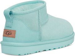 Aqua UGG ankle boot with tan logo patch.