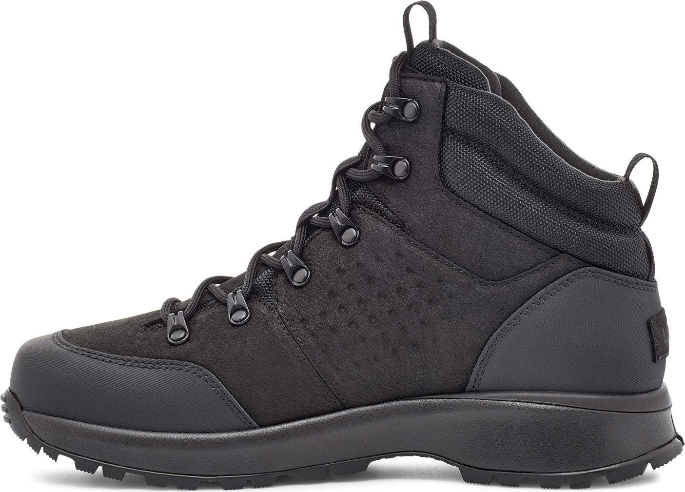 Black hiking boot with a high-top, lace-up design, and a textured upper.