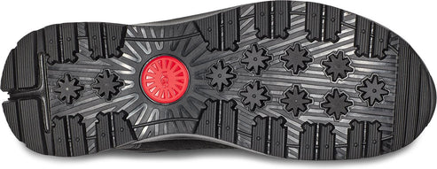 A shoe sole with a red center and intricate patterns.