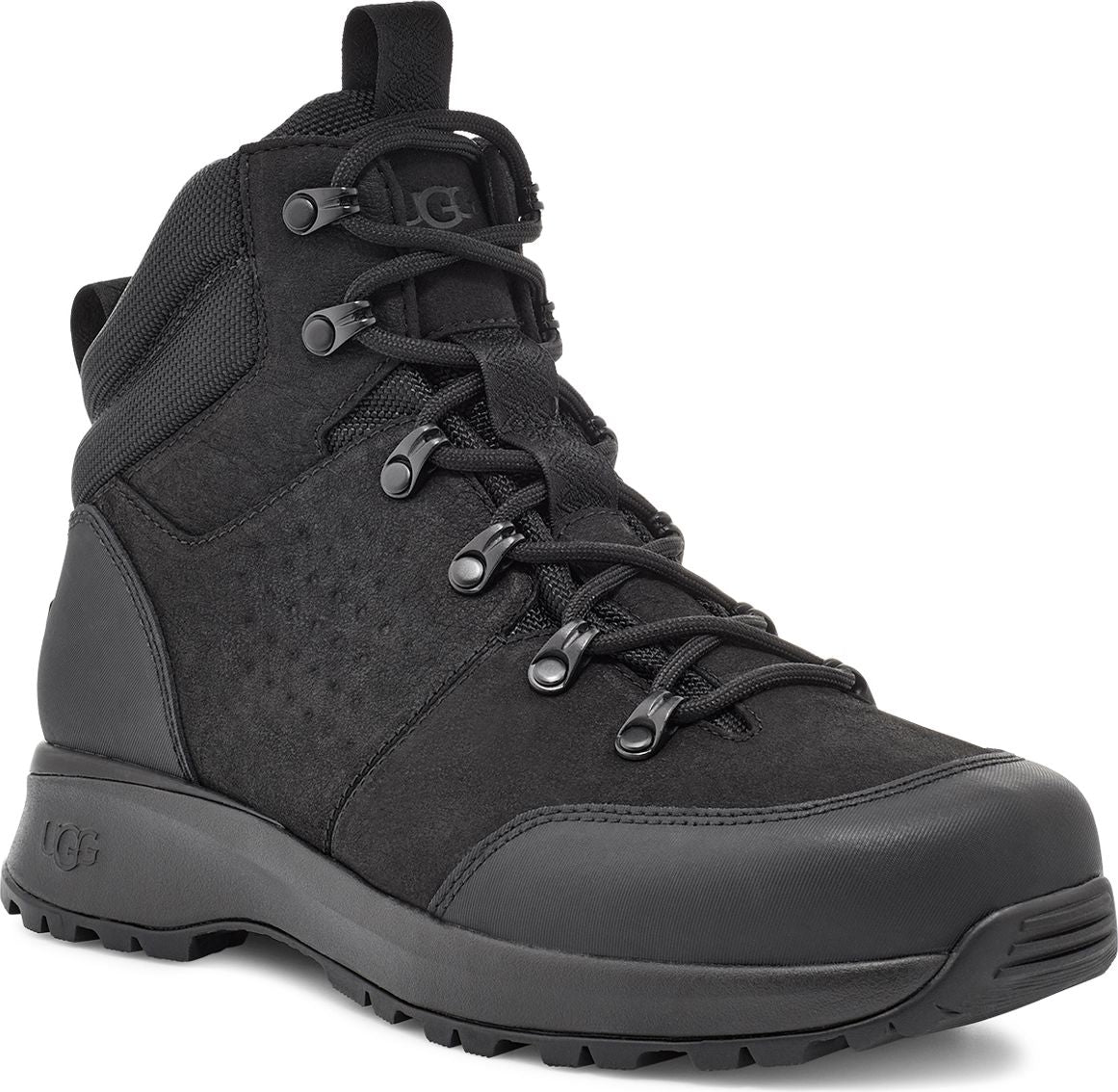 A black, high-top hiking boot with laces and black metallic eyelets.