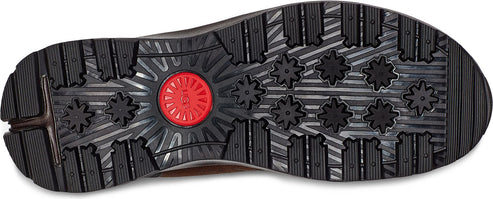 The sole of a shoe with a red circle logo and star-shaped treads.