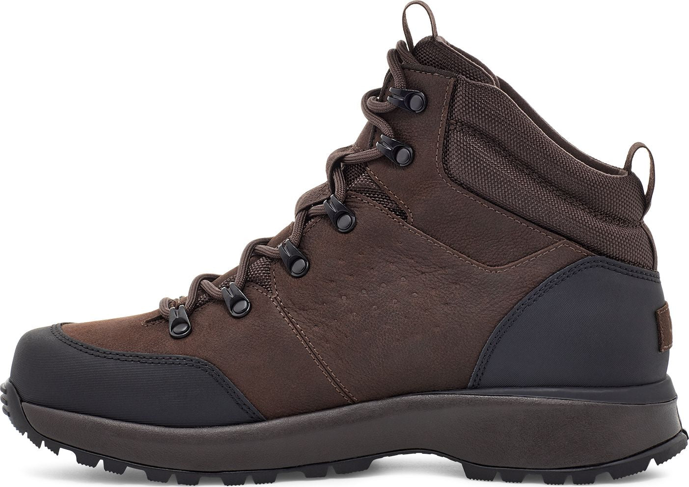 Side view of a brown leather hiking boot with black rubber sole and a high ankle cuff.