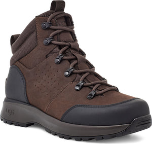 Dark brown suede boot with a padded collar, metal eyelets, and a black sole.