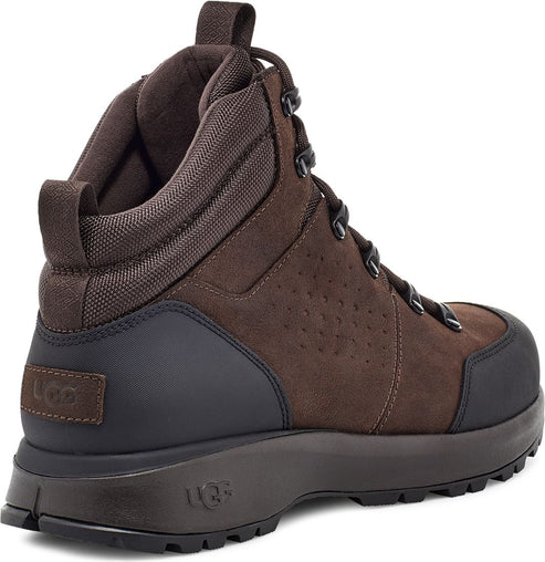 Dark brown high-top boot with black sole and collar.