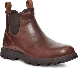 Brown leather Chelsea boot with pull tabs on the front and back.
