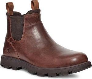 Brown leather Chelsea boot with pull tabs on the front and back.
