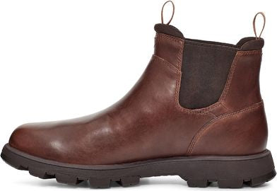 Dark brown leather Chelsea boot with elastic side panels and pull tabs.