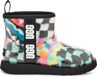 UGG on a clear rainboot with a checkered pattern and multicolored splotches.
