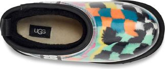 Colorful, clear rain shoe with black trim and pull tab; insole is light and displays the word 'UGG' on a black label.