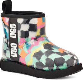 Short rain boot with UGG logo band and multicolored checkered design.