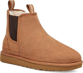 Chestnut-colored suede ankle boot with elastic side panels and a pull tab.