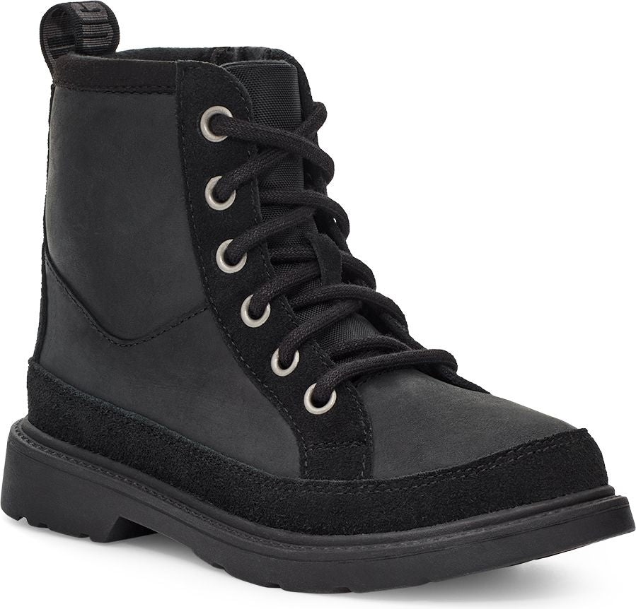Black lace-up leather ankle boot with silver eyelets.