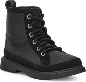 Black lace-up leather ankle boot with silver eyelets.