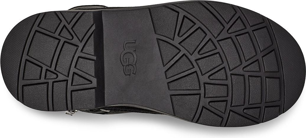 The sole of a black shoe with a grid pattern and the letters UGG embossed.