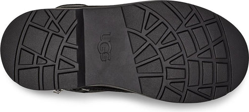 The sole of a black shoe with a grid pattern and the letters UGG embossed.