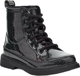 Shiny black, laced, high-top boot.