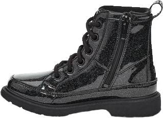 Black glitter combat boot with lace-up closure and side zipper.