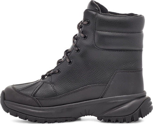Black leather lace-up duck boot with a round toe and padded collar.