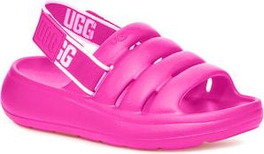 Bright pink sandal with wide strap, and white lettering, and a thick layered sole.