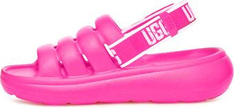 A pink sandal with three horizontal padded straps and a UGG branded back strap.