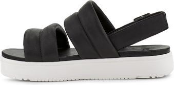 Black platform sandals with two thick padded straps.