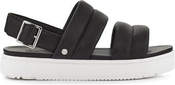 Black sandals with buckle, two thick straps, and a white platform sole.