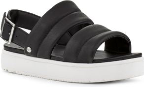 Black sandal with thick horizontal straps and white platform sole.