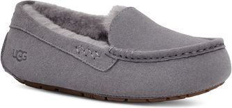 Gray suede loafer-style slipper with fur lining.