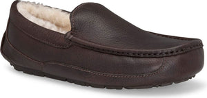 A brown leather loafer slipper with a white, fluffy lining.