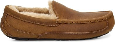 A brown loafer-style slipper with fur lining.