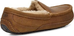 Brown leather loafer with fur lining.