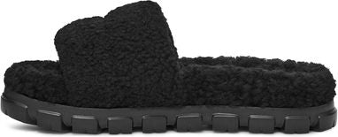 Black plush slipper with a thick lug sole.
