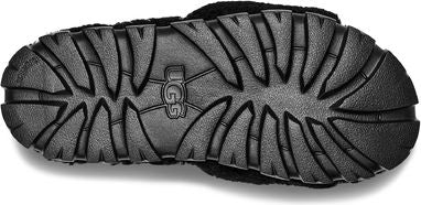 Bottom view of a black sandal sole with textured rubber tread and UGG logo.