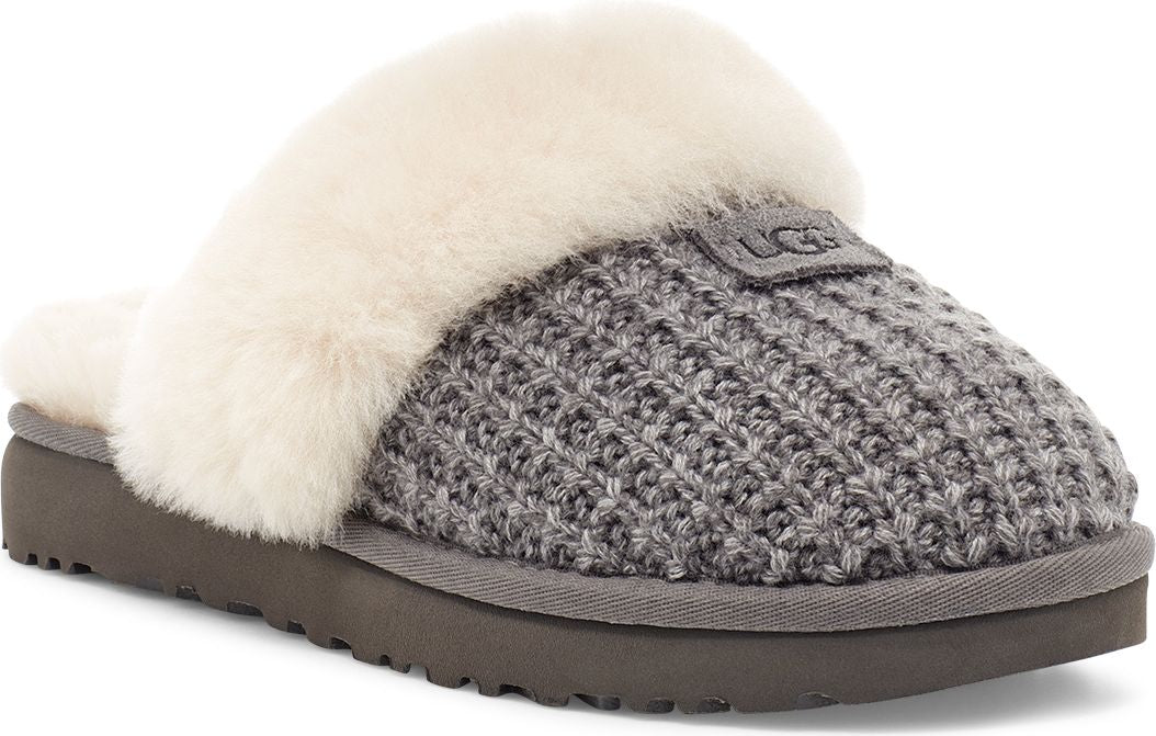 Gray knit slipper with a white fur upper and logo.