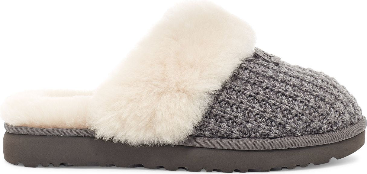 Grey slipper with cream-colored fur.