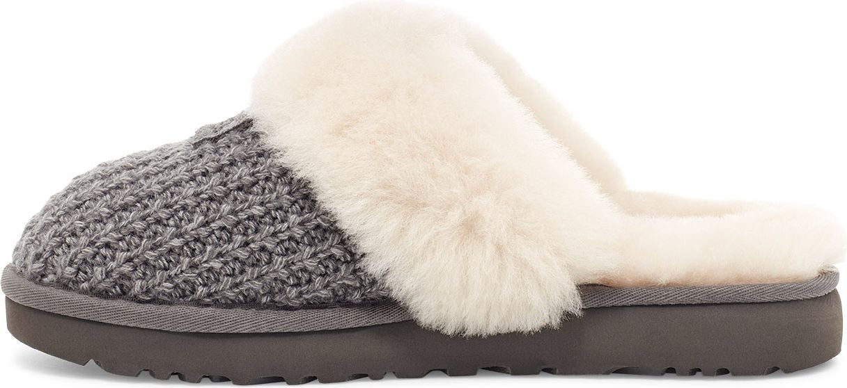 A gray knit slipper with white faux fur trim.