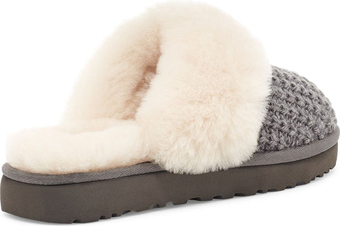 Grey knit slipper with cream-colored faux fur.