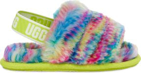 Slide slipper with colorful fur and a green elastic strap displaying the word UGG.