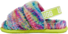 Tie-dyed fluffy slipper with lime green sole and elastic strap with white text.