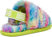 Tie-dye fuzzy sandal with a wide light green strap with the white letters "UGG" on it. The sole is light green.