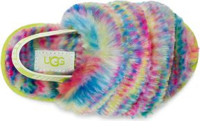 Fuzzy rainbow striped slipper with white band and visible UGG label.