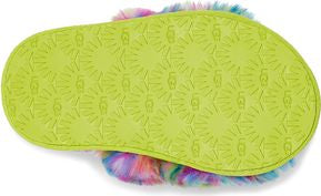 Bottom view of tie-dye furry slipper with a lime green sole.
