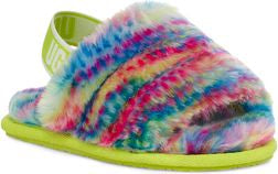 Fuzzy slipper with tie-dye coloring and a yellow UGG-branded strap.