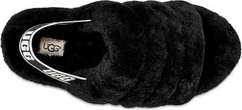 A black furry slide with a white strap featuring repeating UGG logos.