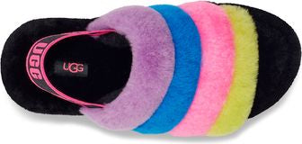 Black slide with pink strap, has purple, blue, pink, and yellow fur.