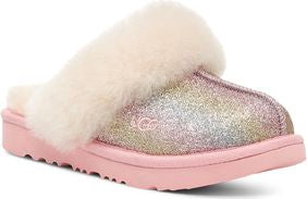 Pink slipper with glitter and cream shearling cuff.