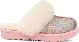 Slip-on style slipper with rainbow glitter and fur trim.